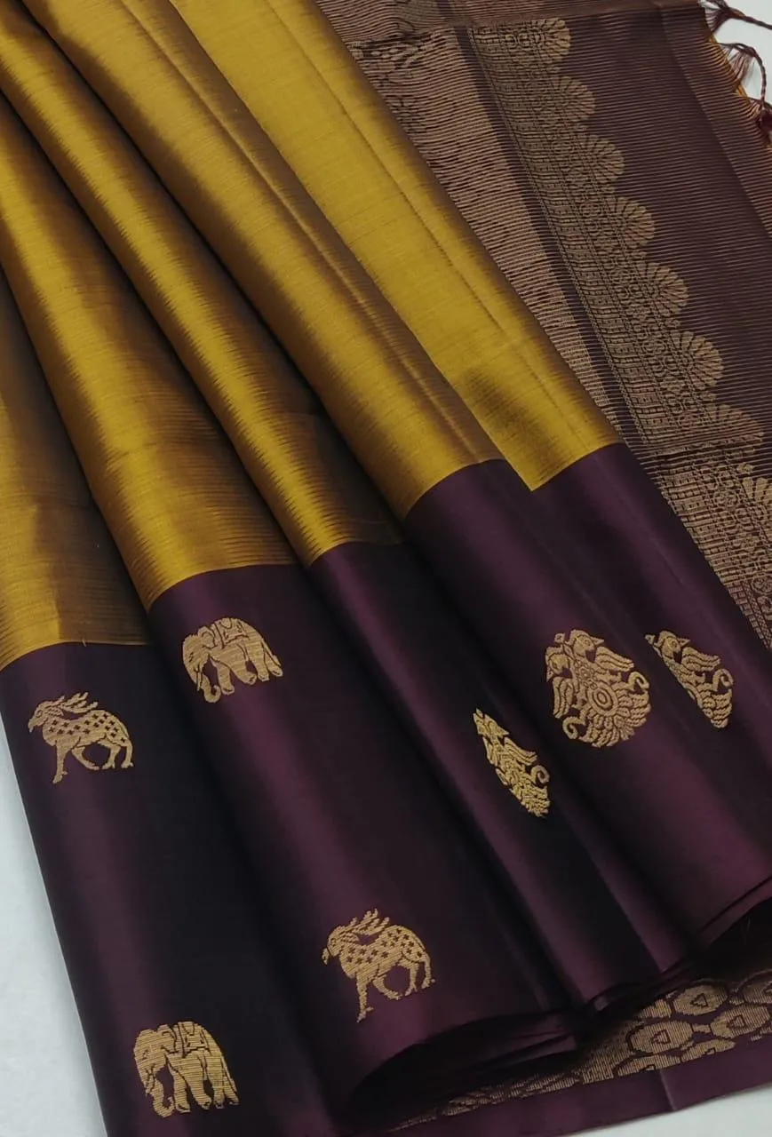 Gaja Mriga Zari Butta Pure Kanchipuram Handloom Soft Silk Saree